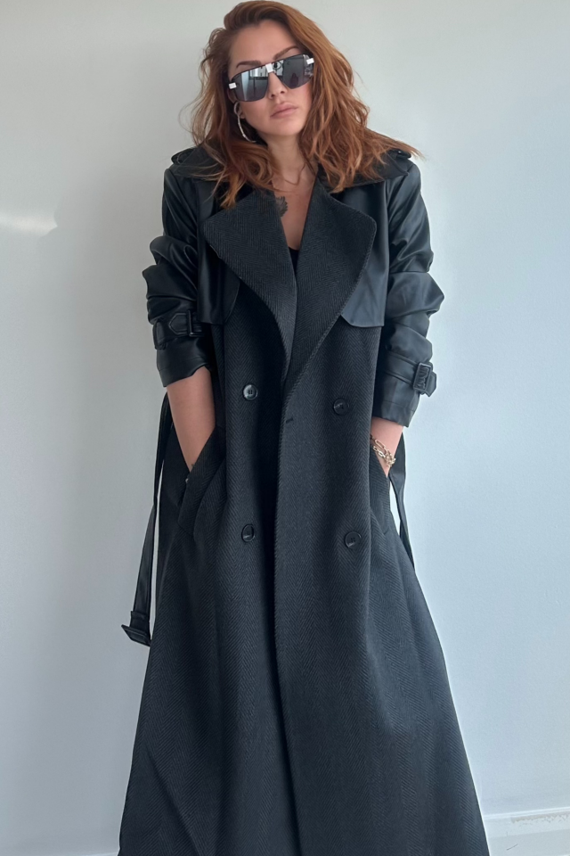 Deri Kol Detaylı Uzun Kaban