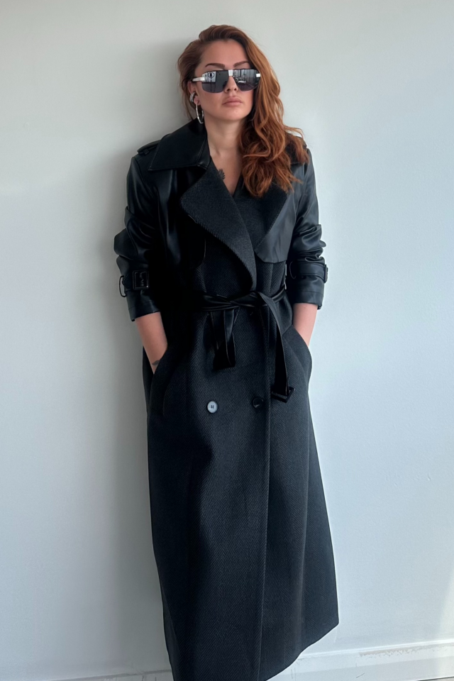 Deri Kol Detaylı Uzun Kaban