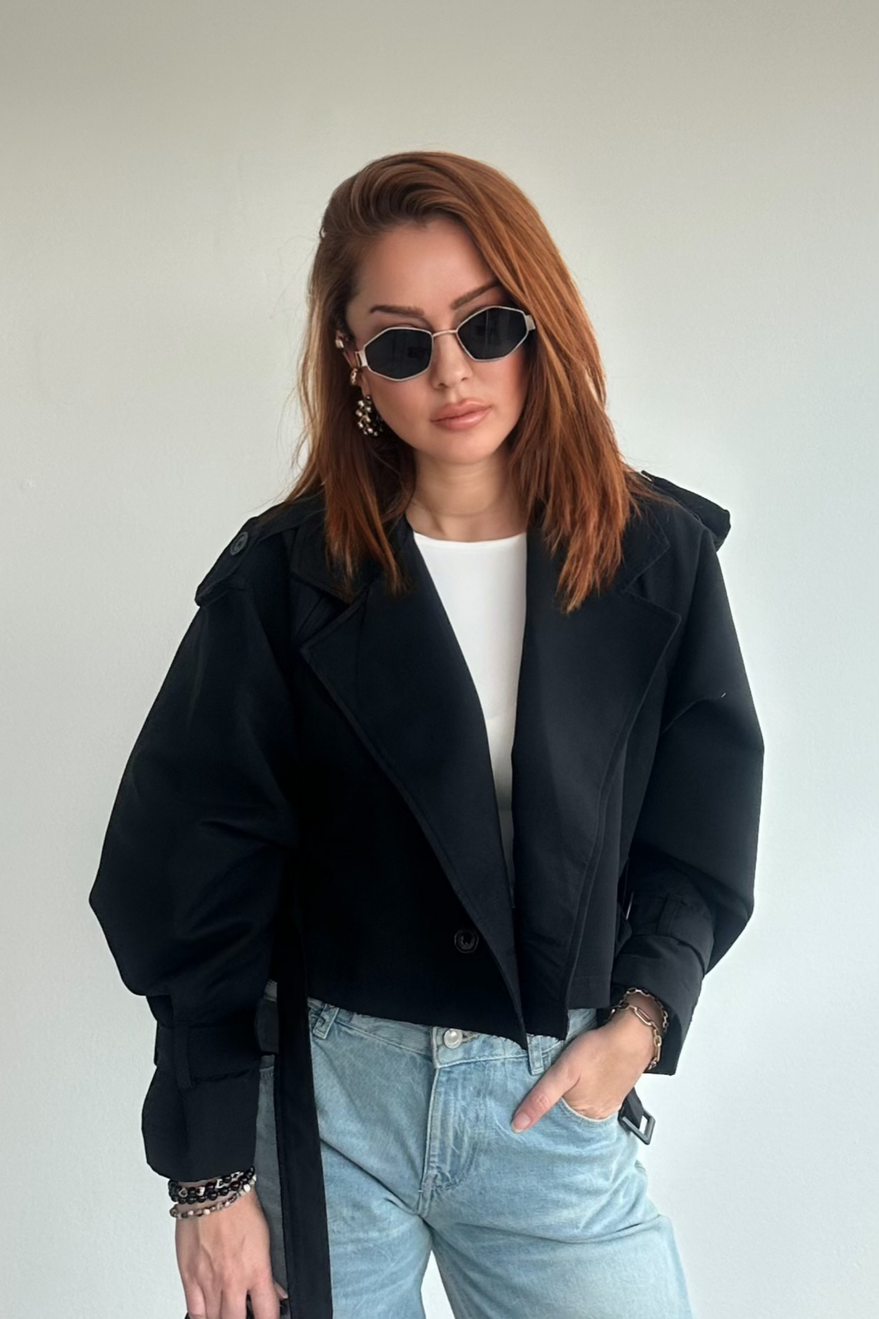 Siyah Kısa Trenchcoat