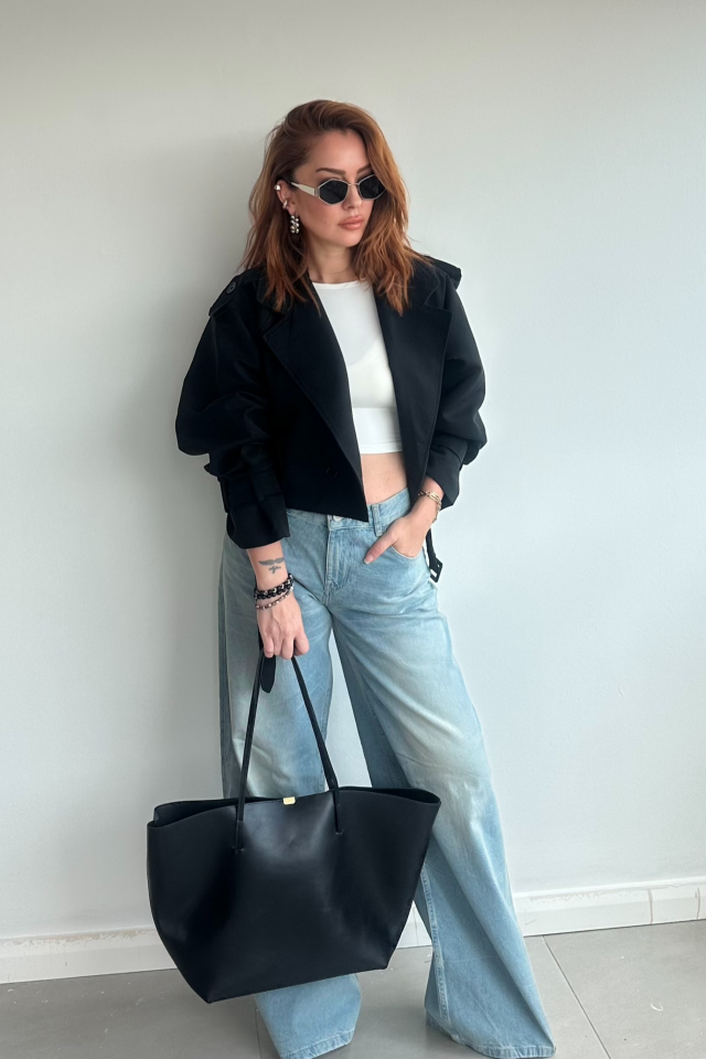 Siyah Kısa Trenchcoat