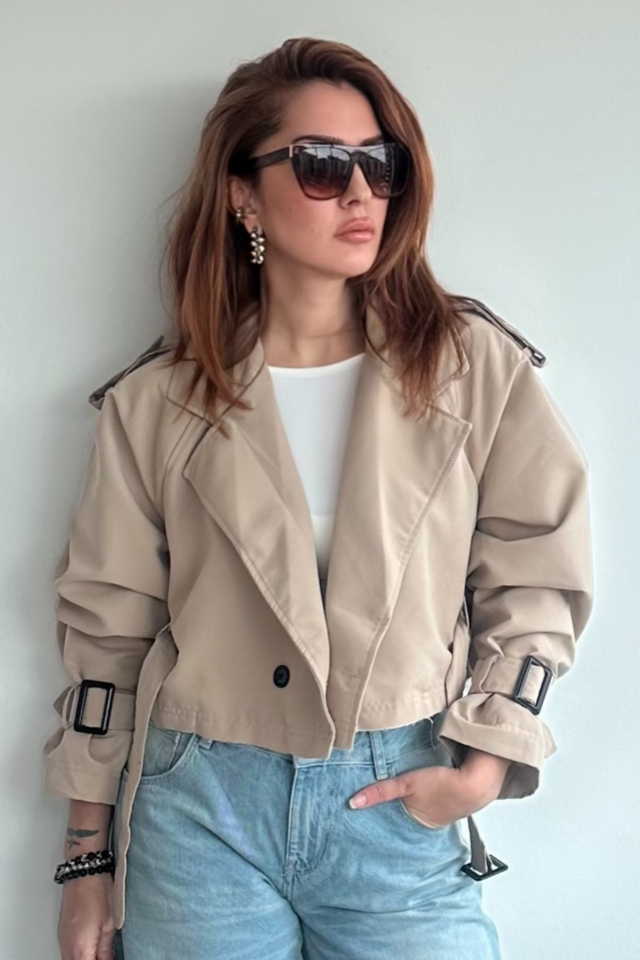 Taş Rengi Kısa Trenchcoat
