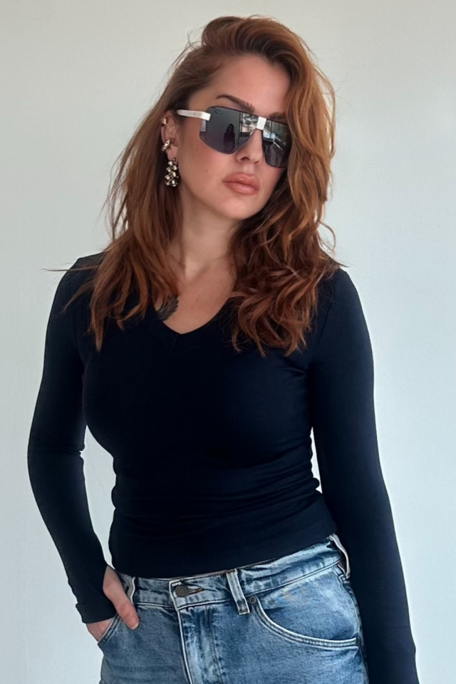 Lacivert V Yaka  Parmak Geçmeli Bluz