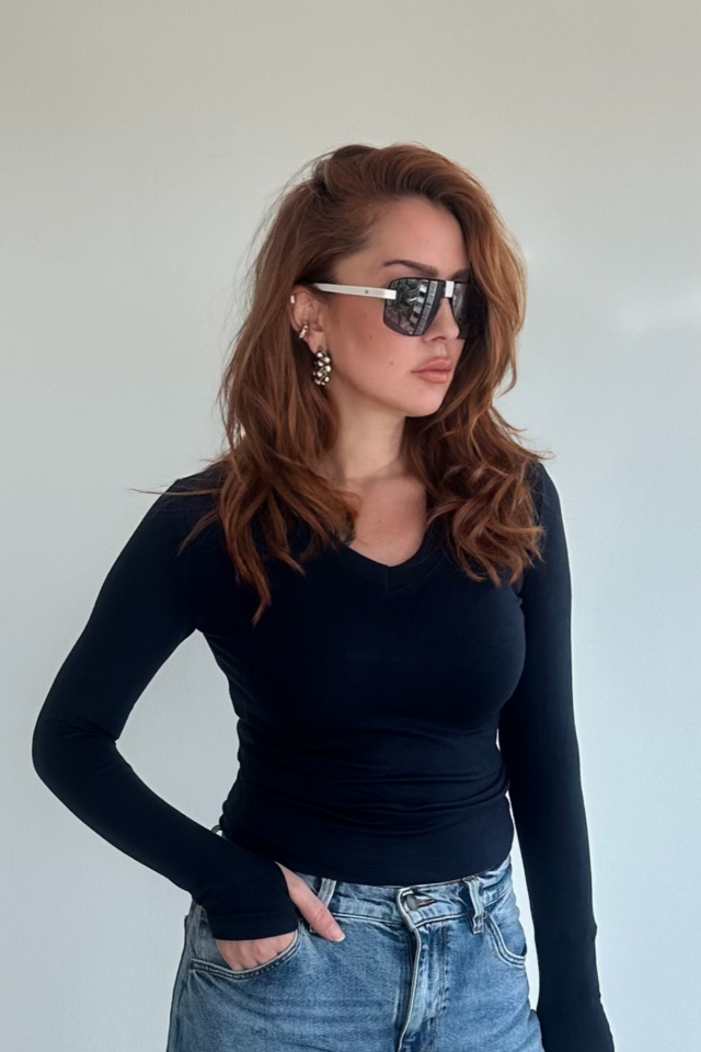 Lacivert V Yaka  Parmak Geçmeli Bluz