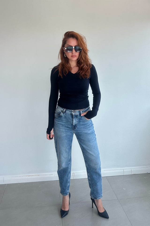 Lacivert V Yaka  Parmak Geçmeli Bluz