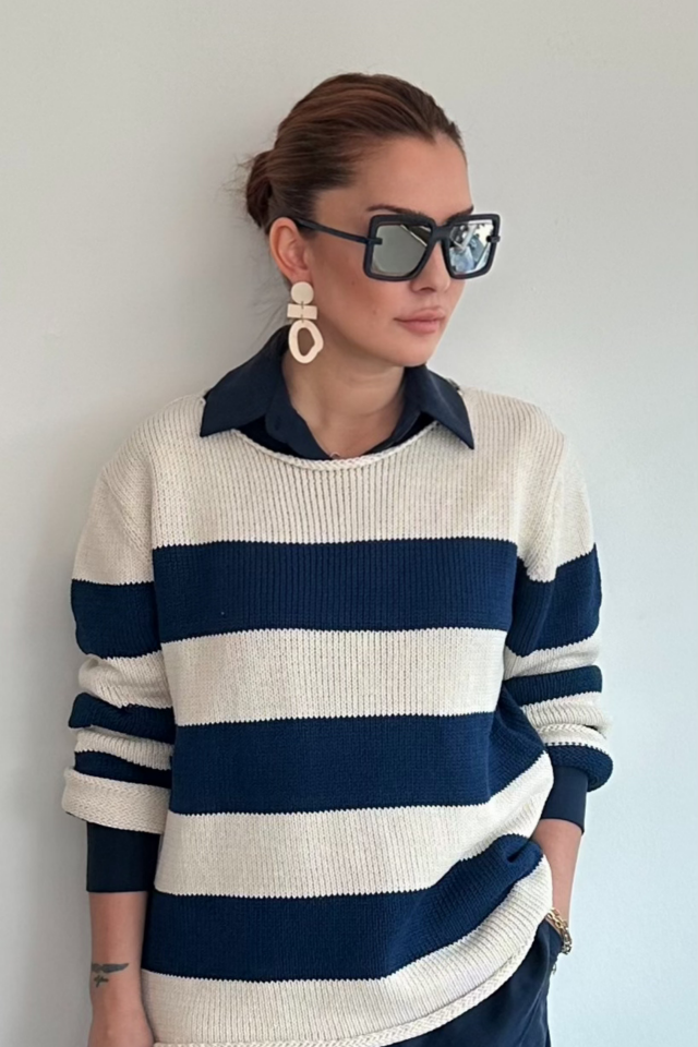 Lacivert Kalın Çizgili Kazak