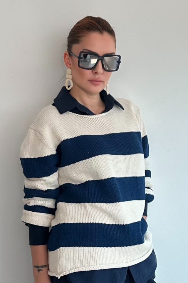 Lacivert Kalın Çizgili Kazak