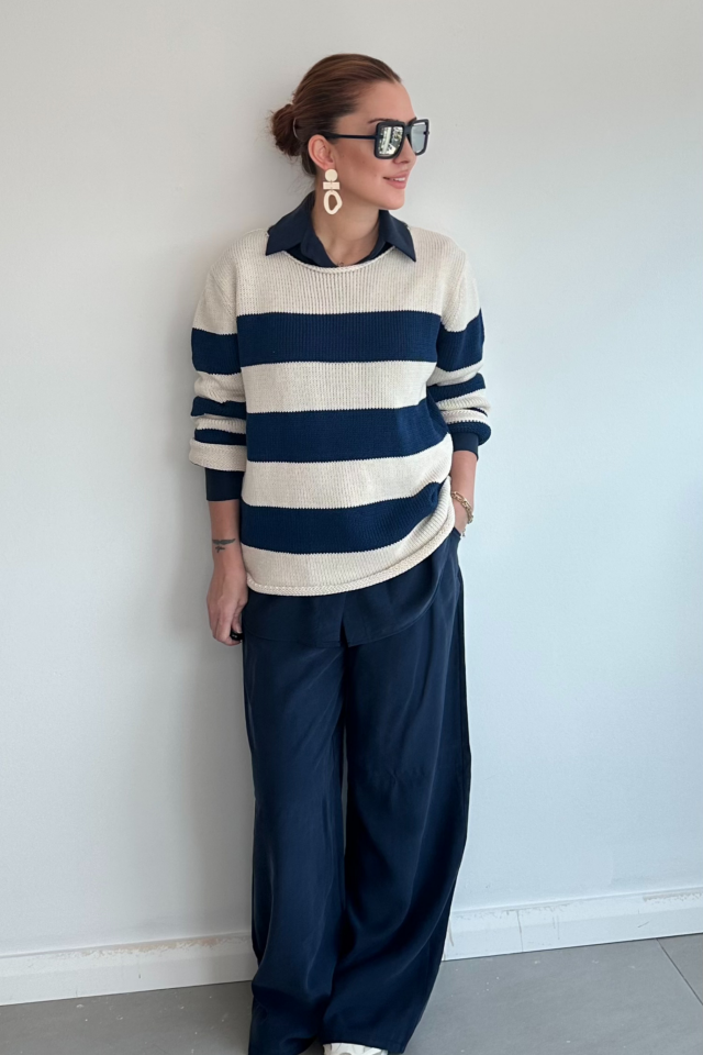 Lacivert Kalın Çizgili Kazak