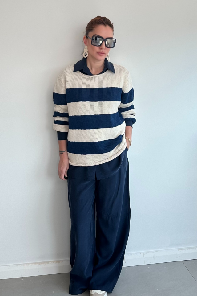 Lacivert Kalın Çizgili Kazak