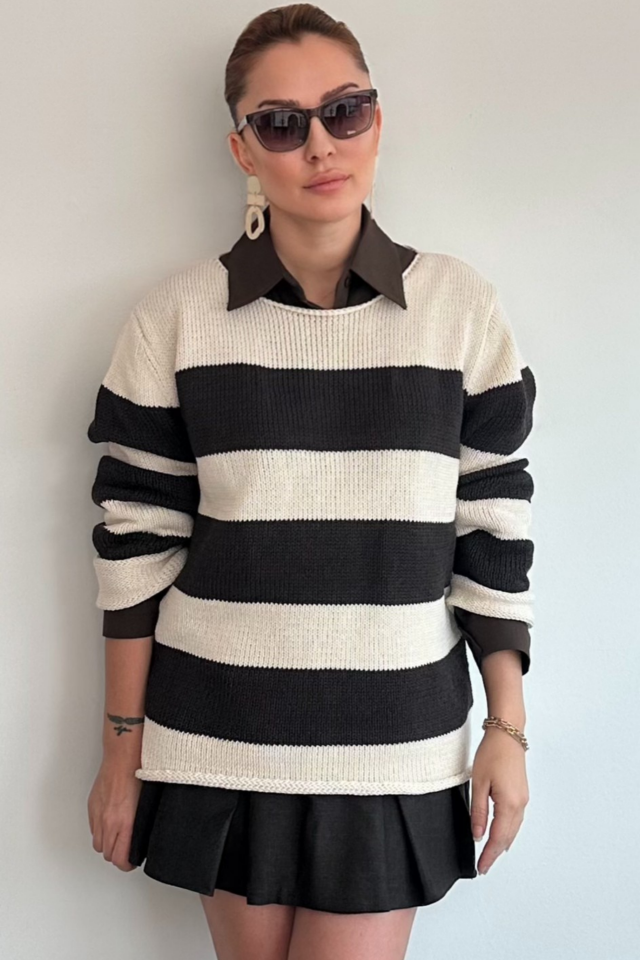 Kahverengi Kalın Çizgili Kazak