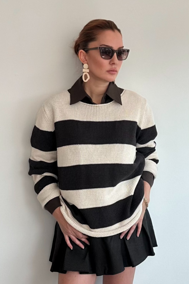 Kahverengi Kalın Çizgili Kazak