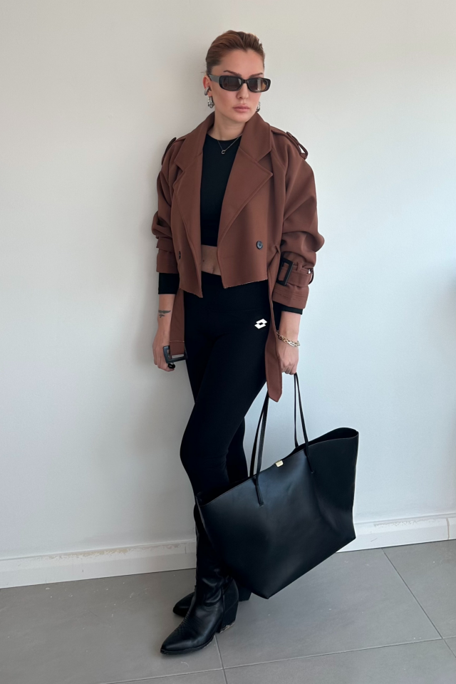 Kahverengi Reglan Kısa Trençkot