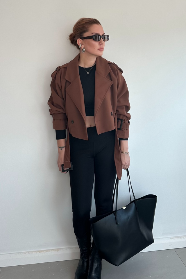 Kahverengi Reglan Kısa Trençkot